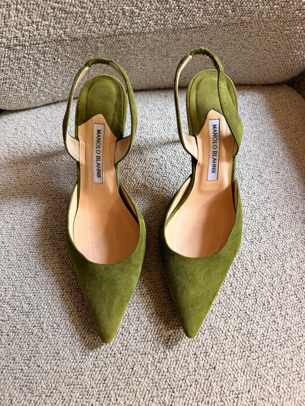 Manolo Blahnik Carolyne Olive Suede Pointed Slingback Mules